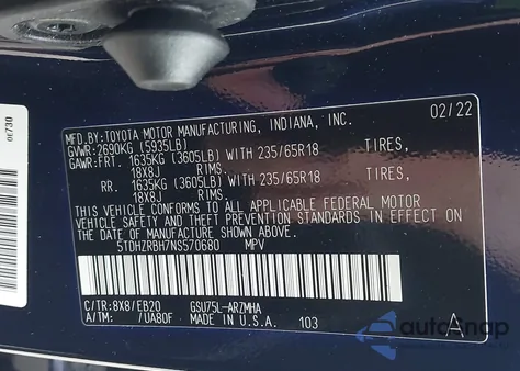 2022 Toyota Highlander Xle из США, поврежденный, VIN 5TDHZRBH7NS570680